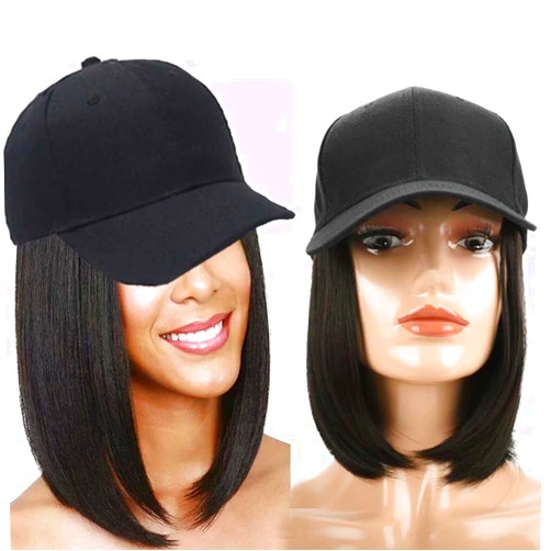 iLUU Short BOB Wig Cap Blended Synthetic Hair Extensions With Baseball Cap 9inch Bobo Hat with Hairpiece Cap and Hair Extensions For Women Gilrs - Natural Black Hair and Black Hat for Daily Use