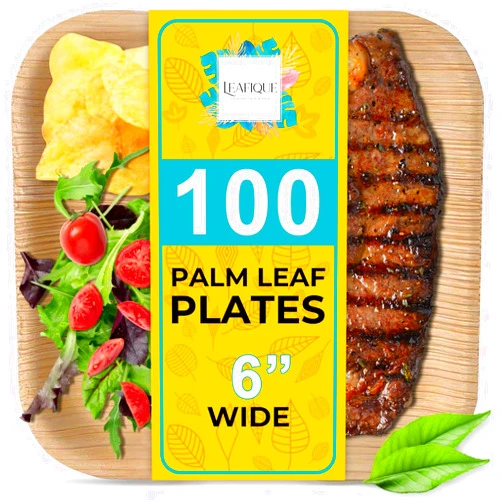 LEAFIQUE 100% Natural 6” Palm Leaf Square Plate (100 pack), Compostable & Biodegradable Dinnerware for Catering, Birthdays, Halloween, BBQs, Thanksgiving, Alternative to Paper & Bamboo Plates Disposable
