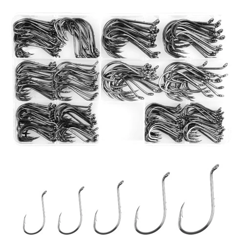 JSHANMEI 150pcs Baitholder Hooks Fishing Octopus Hooks with 2 Baitholder Barbs, Offset Circle Hooks Jig Fish Hooks Assorted Size, Tackle Box, for Freshwater Saltwater