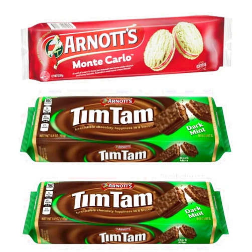 FIJIAN MADE Arnott’s Monte Carlo Biscuits, Tim Tam Dark Mint (Pack Of 3) Experience the smooth & crunchy texture that comes from the unique combination of three layers - Cookies - Imported from Australia