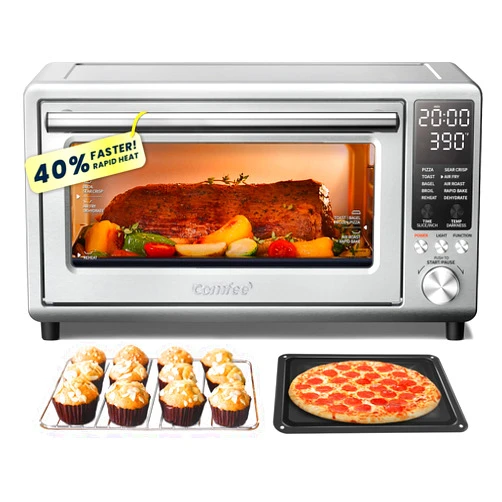 COMFEE' Toaster Oven Air Fryer FLASHWAVE™ Ultra-Rapid Heat Technology, Convection Toaster Oven Countertop with Bake Broil Roast, 6 Slices Fits 12’’ Pizza 24QT, 4 Accessories 1750W Stainless Steel