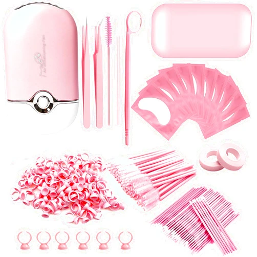 QUKLOGEN 267 PCS Eyelash Extension Supplies Lash Extension Kit USB Air Conditioning Blower,Silicone Pad,Under Eye Gel Pads,Mini Makeup Mirror,Tapes,Tweezers,Glue Rings,Eyelash Brushes,Mini Applicator