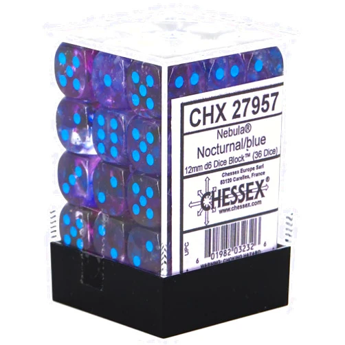 Chessex Nebula 12mm d6 Nocturnal/Blue w/Luminary Dice Block (36 dice)