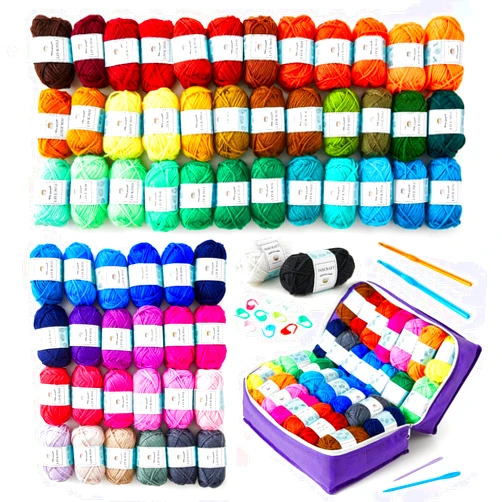 INSCRAFT 62 Acrylic Yarn Skeins, 2170 Yards Yarn for Knitting, 2 Crochet Hooks, 2 Weaving Needles,10 Stitch Markers, 1 Purple Bag, Perfect Crochet Beginner Kit for for Adults
