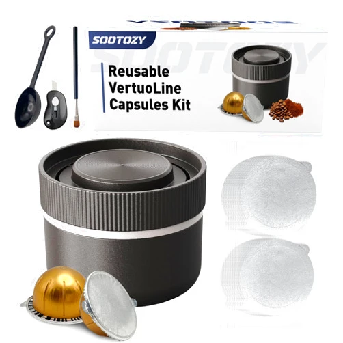 Sootozy Reusable Pods Kit for Nespresso Vertuo, Refillable Coffee Pods with 100pcs Aluminum Covers Foil Seals Lids for VertuoLine Capsules, Compatible for VertuoPlus Espresso Machine (Pods not included)