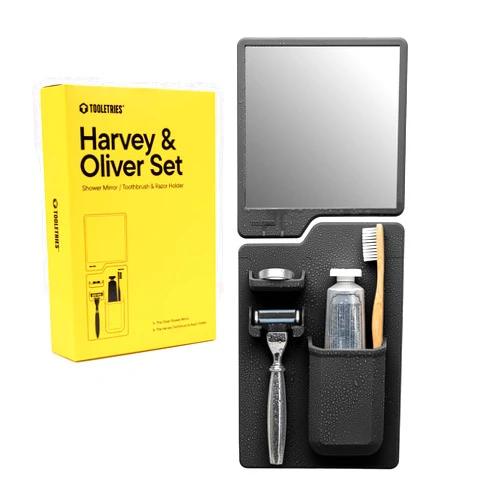 TOOLETRIES The Harvey & Oliver Set- Toothbrush & Razor Holder and Fog Resistant Mirror - Silicone Shower & Bathroom Accessory - Features Silicone-Grip Technology, Removable & Reusable - Charcoal