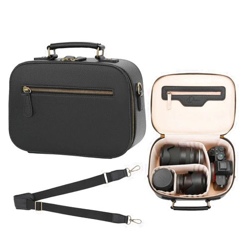 Divvia Camera Sling Bag, Waterproof PU Leather Crossbody Camere Bag for Photographers, Small Shockproof Case with Removable Dividers for DSLR/SLR/Mirrorless, 4L Black