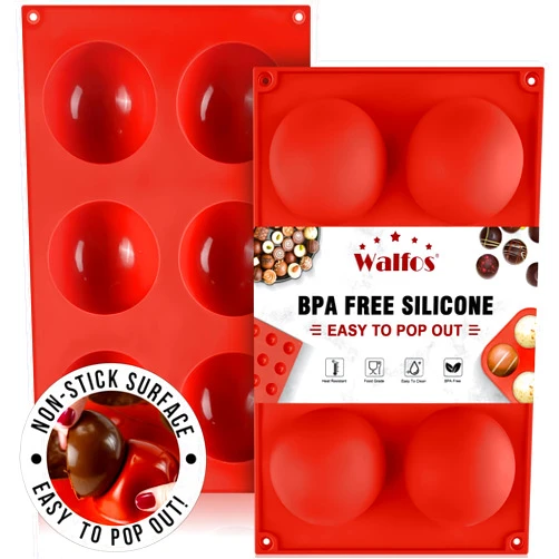 Walfos Large 6-Cavity Semi Sphere Silicone Mold, Half Sphere Silicone Baking Molds for Making Chocolate, Cake, Jelly, Dome Mousse (2 Packs)