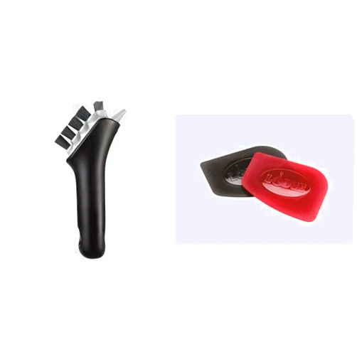 OXO Good Grips Cast Iron Pan Brush & Lodge Pan Scrapers. Handheld Polycarbonate Cast Iron Pan Cleaners. (2-Pack. Red/Black) Pan Brush + Pan Scrapers