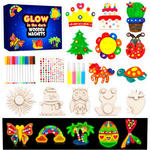 GWAHSA 30pcs DIY Wooden Magnets, Glow in The Dark Wooden Art Craft Supplies Painting Kit for Kids Activities Party Favors for Boys Girls Ages 4-8 8-12 Birthday Gifts Toys Pinata Goodie Bags Stuffers