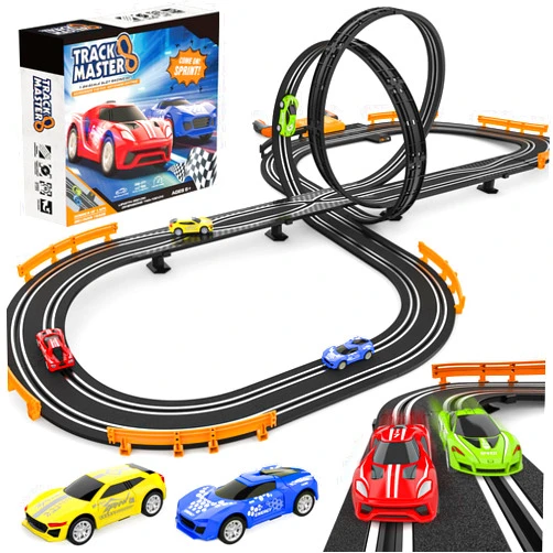Mccreadee Slot-Car-Race-Track-Sets for Boys Kids, Battery or Electric Race Car Track with 4 High-Speed Slot Cars, Dual Racing Game 2 Hand Controllers Circular Overpass Track, Toys Gifts for 6-8 8-12 Boys Girls
