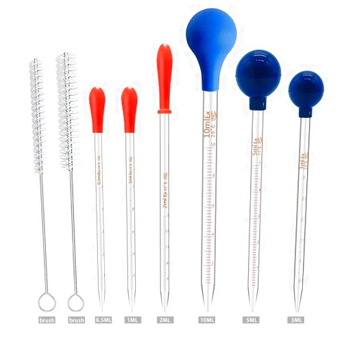 Qesdaoxu 6PCS Thick Glass Graduated Dropper Pipettes Fluid and Liquid Pipettors 0.5ml 1ml 2ml 3ml 5ml 10ml with Caps and 2PCS Washing Brushes (20cm-7.8inch)