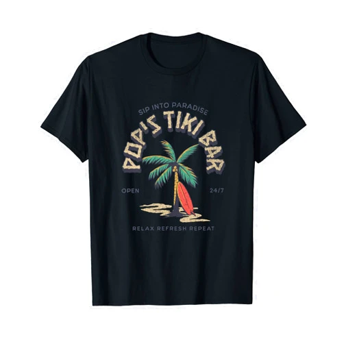 BizzyflyUSA Pop's Tiki Bar Vintage Surfboard Dad's Palm Tree Beach T-Shirt
