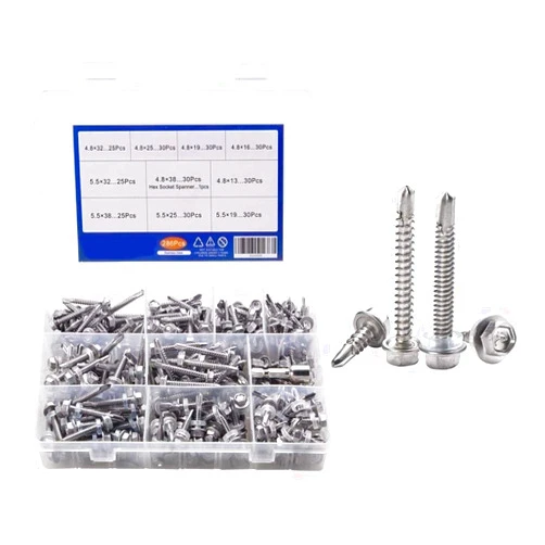 DINGGUANGHE-Lag Bolts Lag Bolts 286pcs 410 Stainless Steel M4.8 M5.5 Hexagon Flange  Self-Drilling Tapping  Screws Thread Assorted Kit with Hex Socket Wrench Tap Bolts