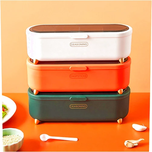 VTGCLT Kitchen seasoning: new storage artifact, sealed spoon, four-compartment combination with lid, household set seasoning box Light luxury green
