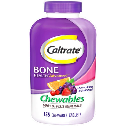 Caltrate Chewables 600 +D3 Plus Minerals Calcium and Vitamin D, Sugar Free, Cherry, Orange and Fruit Punch, 155 count