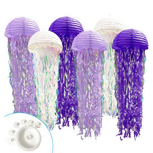 Hrhshw Jelly Fish Paper Lanterns, Under The Sea Party Decortions, 6pcs Lantern with Rope&Hooks for Mermaid Underwater World Ocean Themed Birthday Party Baby Shower Decor (purple light purple white)