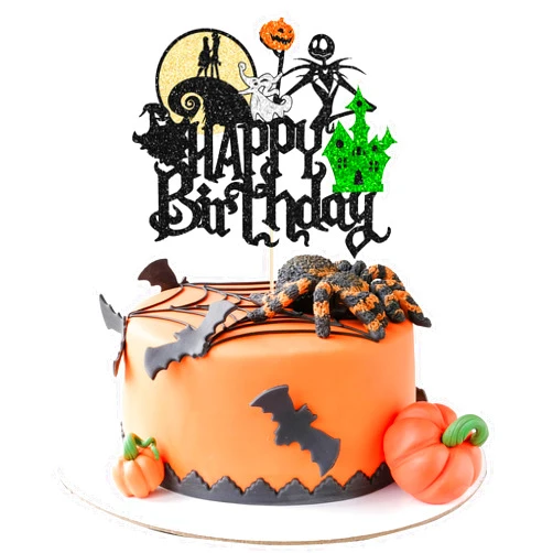 Gyufise 1Pcs Halloween Happy Birthday Cake Topper Glitter Jack and Sally Pumpkin Bat Castle Ghost Halloween Cake Pick for Halloween Theme Baby Shower Kids Birthday Party Cake Decorations Supplies
