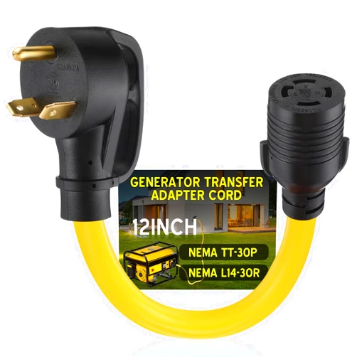 Tellegloww Adapter Cord Compatible with NEMA TT-30P to L14-30R, 30Amp Generator Transfer Switch, Generator House Inlet Box Adapter, 30Amp 3Prong Male 4Prong Locking Female, 10 AWG, 1FT