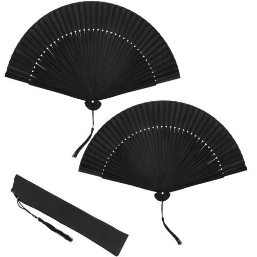 Maitys 2 Pieces Silk Folding Hand Fan Black Bamboo Handheld Fan Chinese Folded Fan with Tassel for Dance Party Home Decorations (Classic Style)