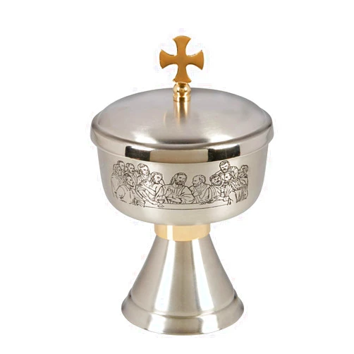Religious Gifts Last Supper Etched Brass Ciborium with Cover, 7 1/4 Inch