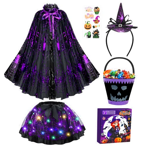 Fedio Girls Halloween Costume, Witch Costume for Girls Spider Witch Cape With Light Up Tutu,Witch Headband,Trick or Treat Bucket Bag for Toddlers Ages 3-8