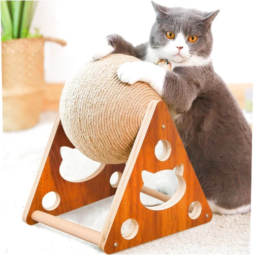 AGYM Cat Toys Sisal Scratcher Ball, Natural Sisal Cat Scratching Ball, Cat Scratcher Toy with Ball, Scratching Ball for Cats and Kittens, Interactive Solid Wood Scratcher Pet Toy, Diameter 6.5 Inch