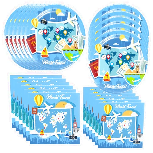 Frerand 40pcs Adventure World Awaits Party Supplies include 20 plates, 20 napkins for the World Travel birthday party decoration