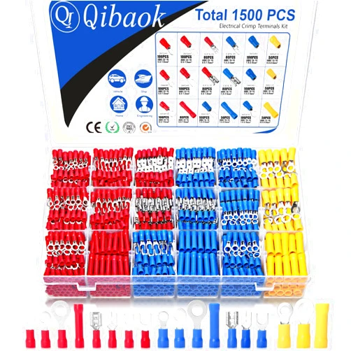 Qibaok 1500pcs Wire Connectors - Insulated Electrical Wire Terminals (Copper) - Ring, Butt, Spade, Fork Connector Kit - Red, Blue, Yellow