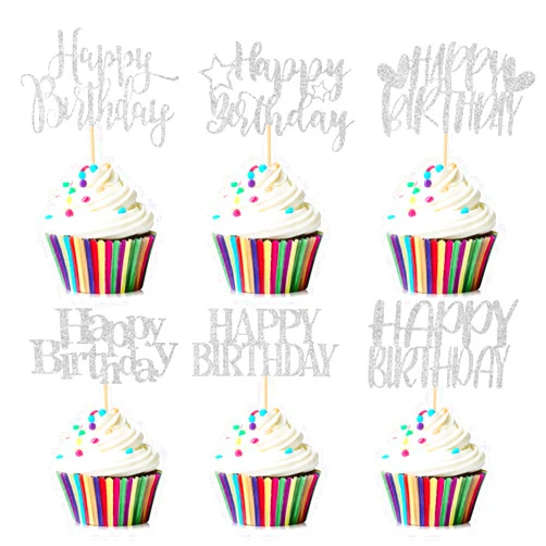 Hengmerry 36Pcs Happy Birthday Cupcake Toppers Glitter Birthday Cake Pick Decorations for Birthday Party Anniversary Celebration, Silver