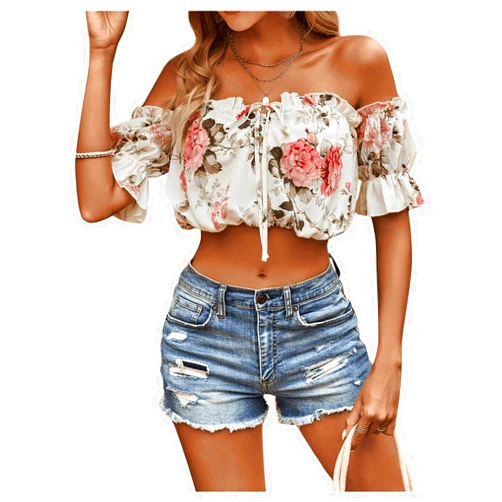 WDIRARA Women's Floral Off Shoulder Blouse Tie Front Short Sleeve Casual Crop Tops