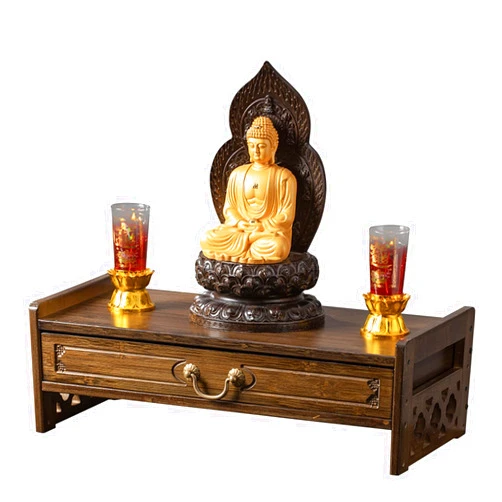 BYWMY Meditation Table Altar with Storage, Puja Drawer Wiccan Storage Bamboo Shrine for Deceased/Buddhist/Tea Home Spiritual Small Space Oriental Decor, Brass, Size M