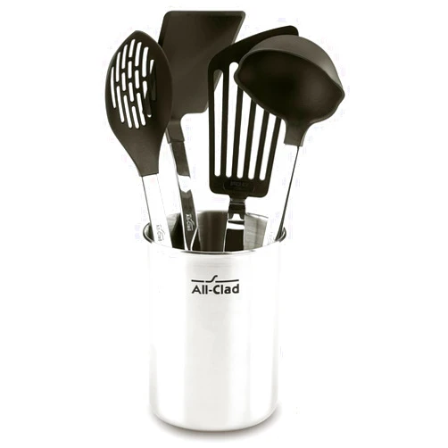 All-Clad Specialty Stainless Steel with Nylon Head Kitchen Gadgets 4 Piece Tool Set with Caddy Kitchen Tools, Kitchen Hacks Silver