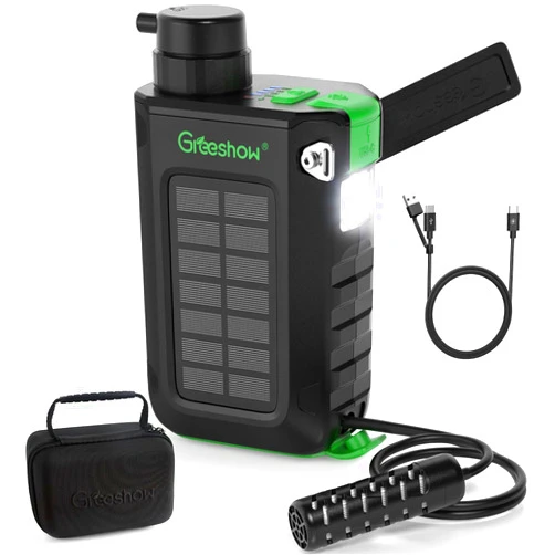 Greeshow Electric Portable Water Filter Camping - Solar Powered, Hand Crank, USB Charging, Water Purifier Survival with Emergency Light for Backpacking Hiking Travel Outdoor, Phone Charger, GS-2811