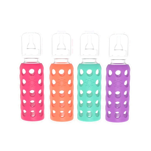 Lifefactory Glass Baby Bottles with Silicone Protection - 4-Pack, 9 oz Each Bottle (1- Raspberry, 1- Papaya, 1- Kale & 1- Grape)