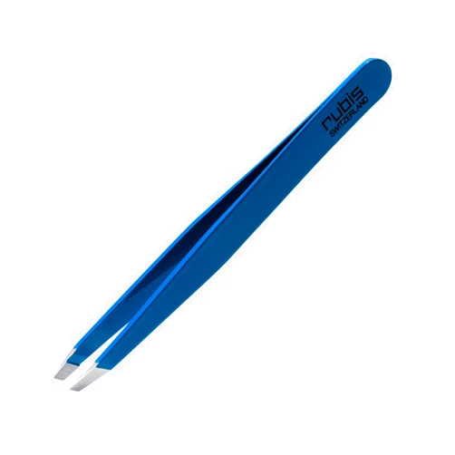 Rubis Classic Stainless Steel Slanted Tweezers for Precise Eyebrows and Hair Removal, 1K109, Made in Switzerland, Blue