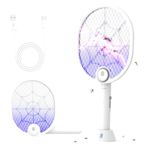 Buzbug Electric Fly Swatter, Type-C Rechargeable Bug Zapper Racket with Charging Base, Foldable Bug Zapper for Indoor and Outdoor, Mosquito Swatter with Blue-Purple Working Light