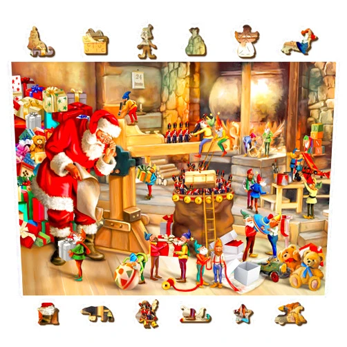 WOODEN.CITY Wooden Christmas Puzzle 500 Pieces with Unique Pieces & Unusual Shapes - Santa Workshop - Christmas Puzzles for Adults - Winter Scene Puzzles Christmas Vacation Puzzle 15.5 x 10,5 inches