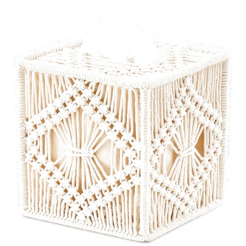 Mkono Tissue Box Cover Macrame Square Open-Bottom Tissue Box Holder Boho Decor Tissue Organizer Bohemian Handmade Woven Tissue Cube Box for Bathroom Bedroom Dresser Living Room Office Dorm