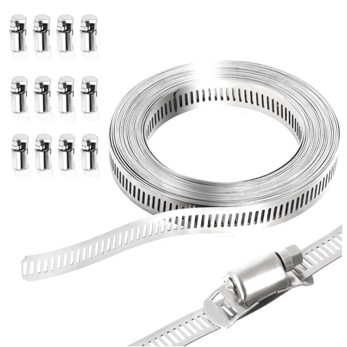 Gekufa Hose Clamps Stainless Steel 304 Kit DIY, Cut-To-Fit 16FT Metal Strap + 12 Fasteners, Adjustable Worm Gear Hose Clamps, abrazaderas para mangueras for Pipe/Duct/Tube