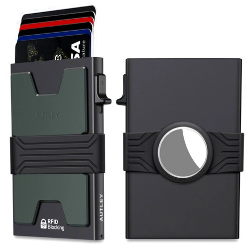 AUTLEY Airtag Wallet for Men, Slim Wallet with Airtag Holder, Aluminum RFID Blocking Pop Up Card Wallet with Cash Band (Black)
