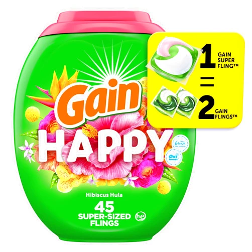 Gain Super Sized Flings Laundry Detergent Pacs, 3-in-1 Detergent Pacs with Febreze and Oxi, Happy Scent, 45 Count