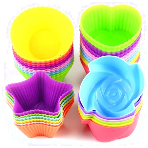 LetGoShop Silicone Cupcake Liners Reusable Baking Cups Nonstick Easy Clean Pastry Muffin Molds 4 Shapes Round, Stars, Heart, Flowers, 24 Pieces Colorful