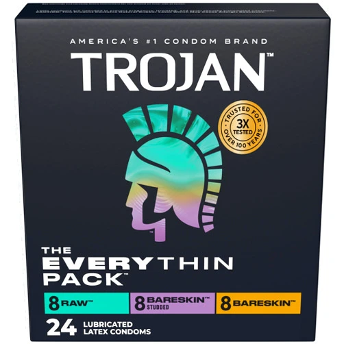 Trojan BareSkin Condoms, Everythin Variety Pack, Lubricated Latex BareSkin Thin Condom, 24 Count