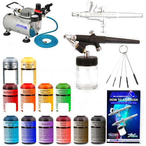 Master Airbrush Cake Decorating Airbrushing System Kit with 2 Airbrushes, Gravity and Siphon, 12 Color Chefmaster Food Coloring Set, Pro Cool Runner II Dual Fan Air Compressor - How To Guide, Cupcakes