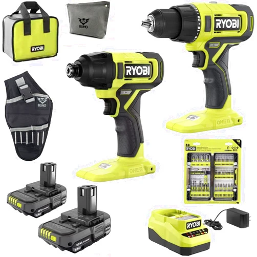 Buho Cordless 2-Tool Combo Bundle with Ryobi 18-Volt Drill, Impact Driver, 50-Piece Drill Bit Set, (2) 1.5 Ah Batteries, Charger, Tool Bag, Buho Drill Holster, and Buho Zipper Tool Pouch
