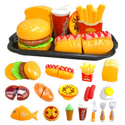 KOESMG Play Food Toy Set for Kids Kitchen, Pretend Removable Fast Food Playset Cutting Toy with Hamburger ＆ French Fries Combo, Role Play Educational Kitchen Toy for Boys or Girls