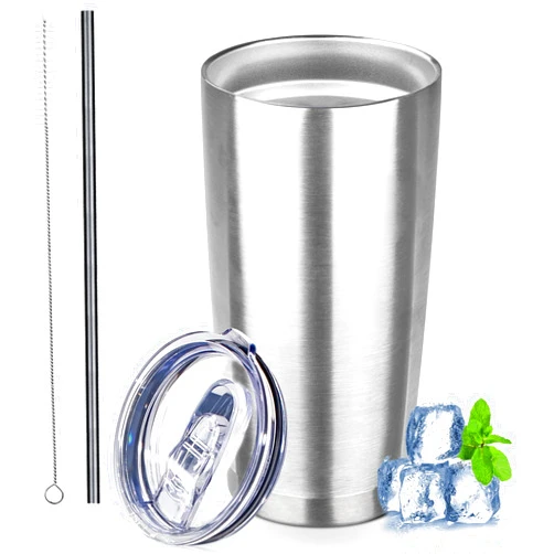 GUDEMAO 20 oz Tumbler with Lids and Straws, Stainless Steel Insulated Coffee Tumbler, Double Wall Vacuum Insulated Travel Mug Cup, Leakproof Thermal Coffee Cup for Hot and Cold Drinks (Silver)