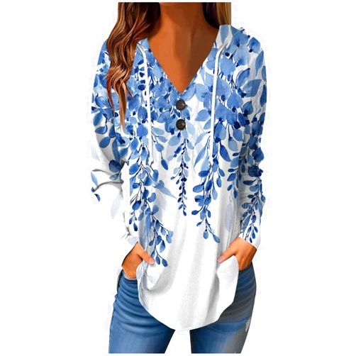 GOFULY Womens Tunic Tops Winter Ethnic Floral Oversized Hoodie Long Sleeve Blouse Vneck Button Shirts Fall Sweatshirt Graphic