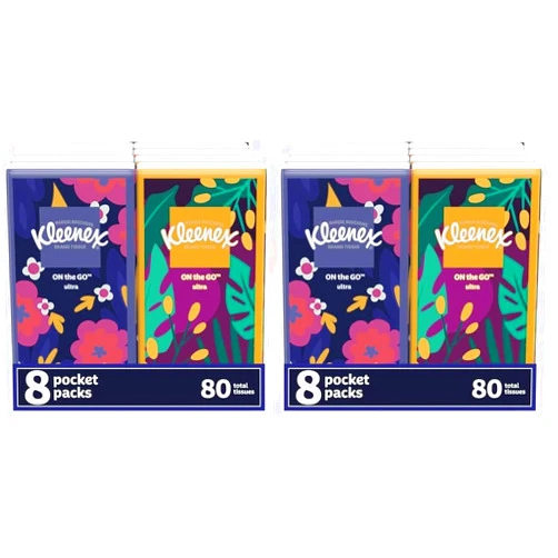 Kleenex Trusted Care Facial Tissues, 8 On-The-Go Travel Packs, 10 Count (Pack of 16)